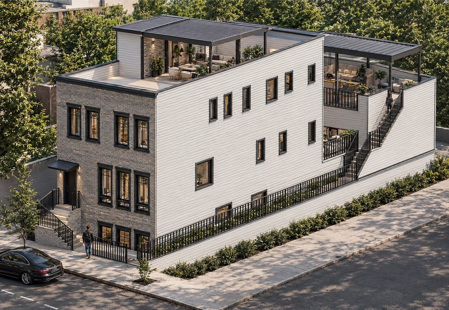 Aerial rendering of the front corner of MARION 1263 with its rooftop terraces