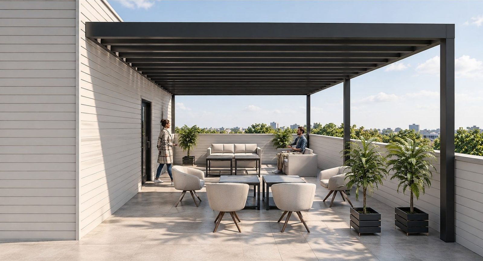 Rendering of the rooftop terrace under a black pergola