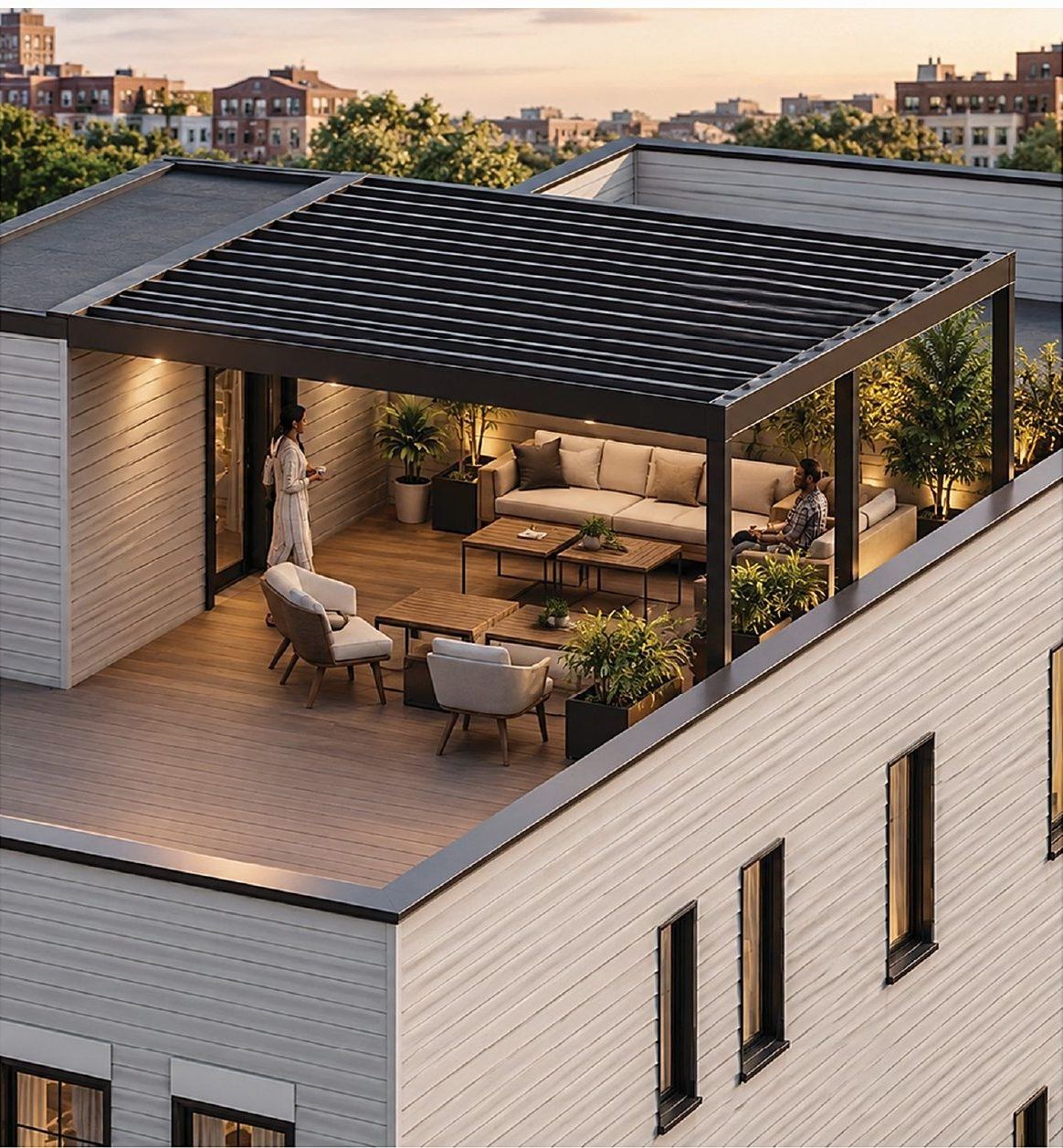 Rendering of the covered rooftop deck at dusk