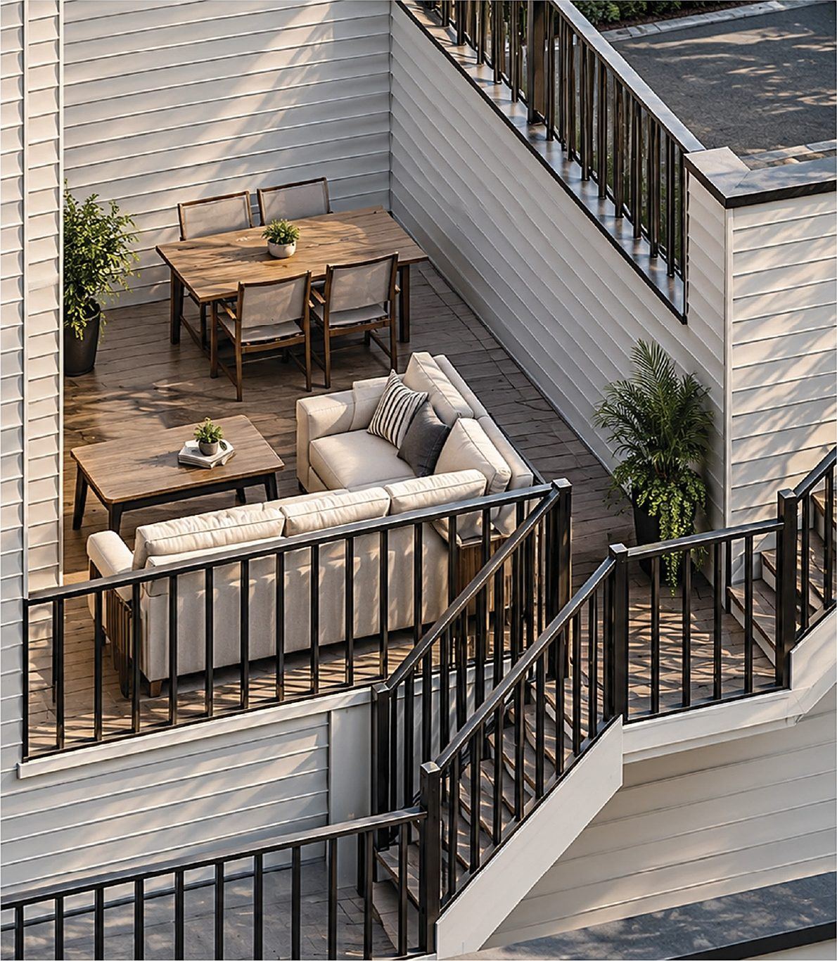 Rendering of the rear deck with dining and lounge seating