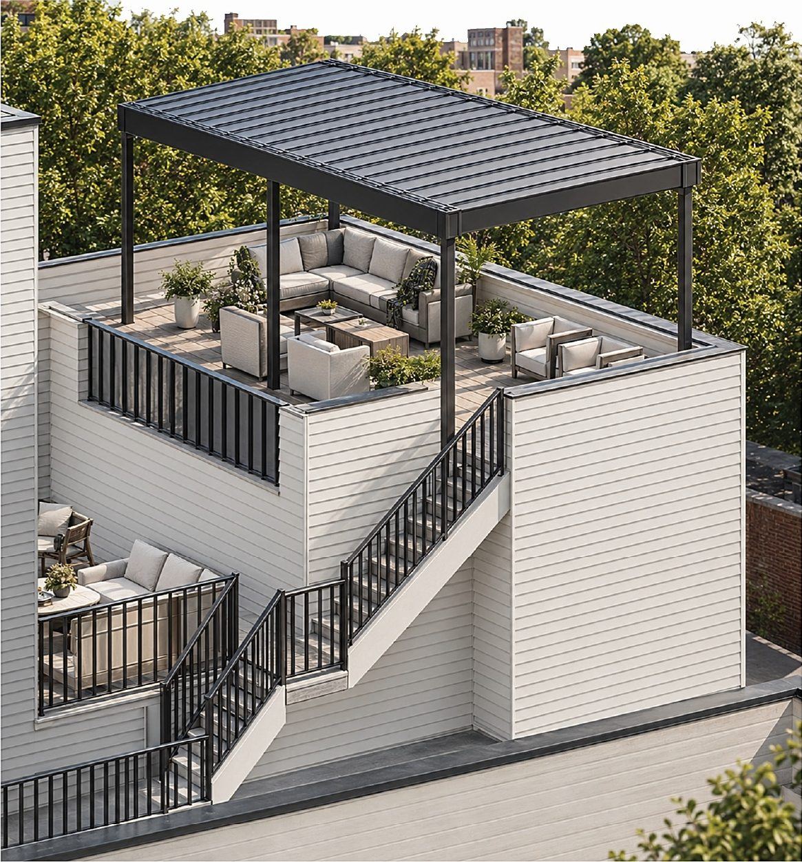 Rendering of the upper deck with pergola and stair